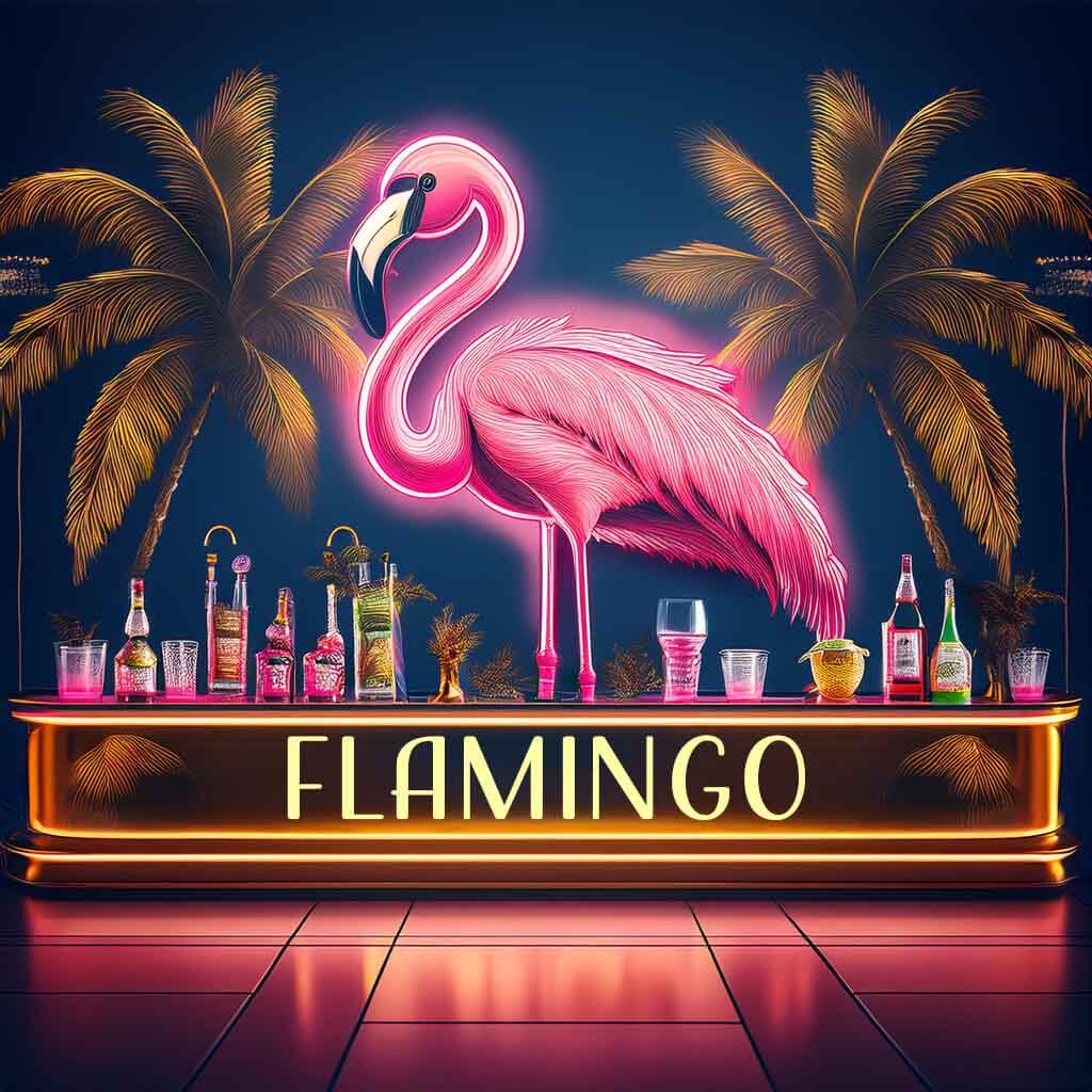 A neon pink Flamingo bird behind an elegant bar full of top shelf alcohol brands.