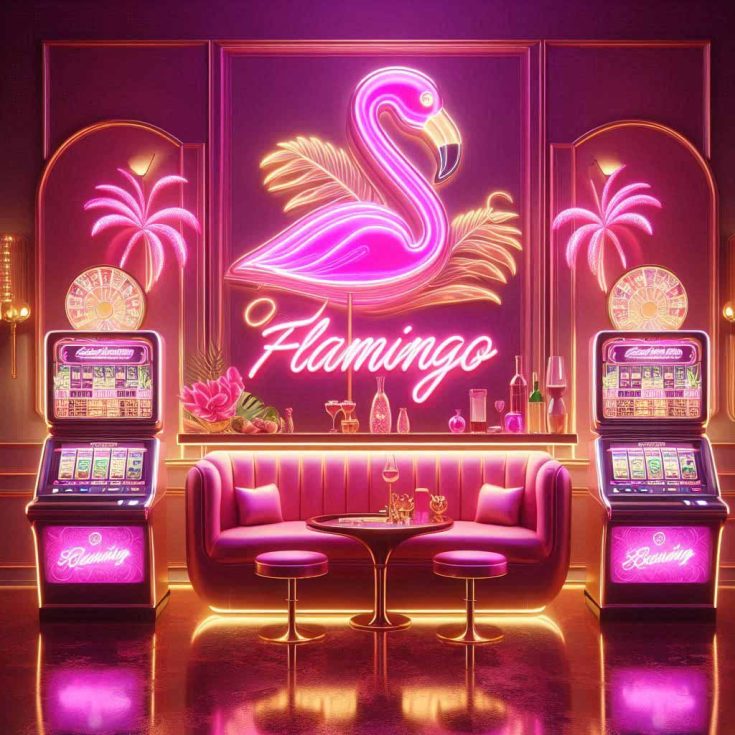 Luxurious digital illustration of a neon pink flamingo sign, sleek casino bar, and glowing slot machines for FlamingoLounge.com. Pink and gold colors, retro tropical vibe,
