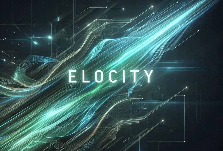 Ultra-modern futuristic hero image for elocity.com, a premium tech domain name sale.