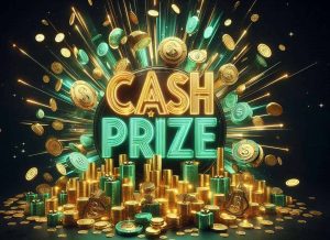 Cinematic hero image for a premium domain sale: a luxurious explosion of golden coins and glowing emerald cash stacks raining down against a deep black background, forming the words “CASH PRIZE” in bold futuristic neon typography.
