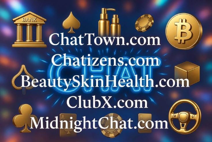 Futuristic digital marketing banner for domain investing blog, large glowing neon word 'CHAT' in the center, surrounded by floating icons of Bank, Beauty products, Bitcoin, Casino chips, Club cards, 3D cube, Auto wheel and Bot. Dark blue and purple gradient background with subtle domain text overlays like ChatTown.com, BeautySkinHealth.com, ClubX.com. Professional, premium, tech style, high resolution, blog featured image aspect ratio"